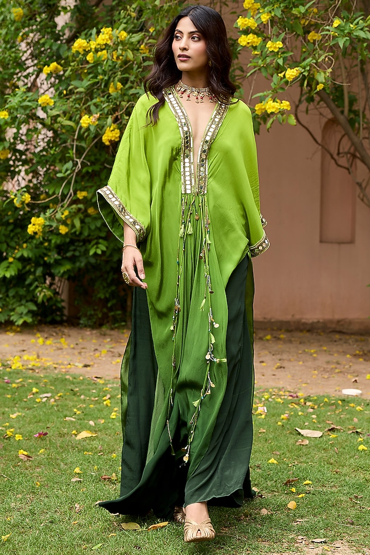 Green Ombre Crepe Kaftan Set by DiyaRajvvir at Pernia's Pop Up Shop