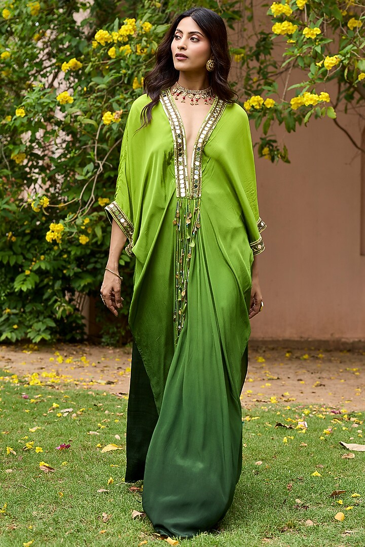 Green Ombre Crepe Kaftan Set by DiyaRajvvir at Pernia's Pop Up Shop
