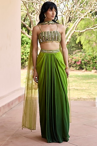 Green Ombre Crepe Embroidered Skirt Set by DiyaRajvvir