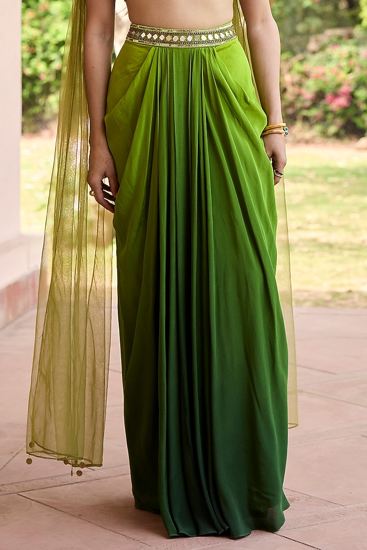 Green Ombre Crepe Embroidered Skirt Set by DiyaRajvvir at Pernia's Pop Up Shop