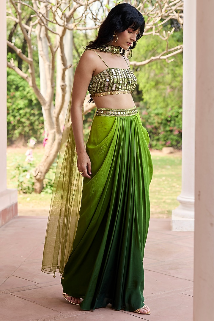 Green Ombre Crepe Embroidered Skirt Set by DiyaRajvvir at Pernia's Pop Up Shop