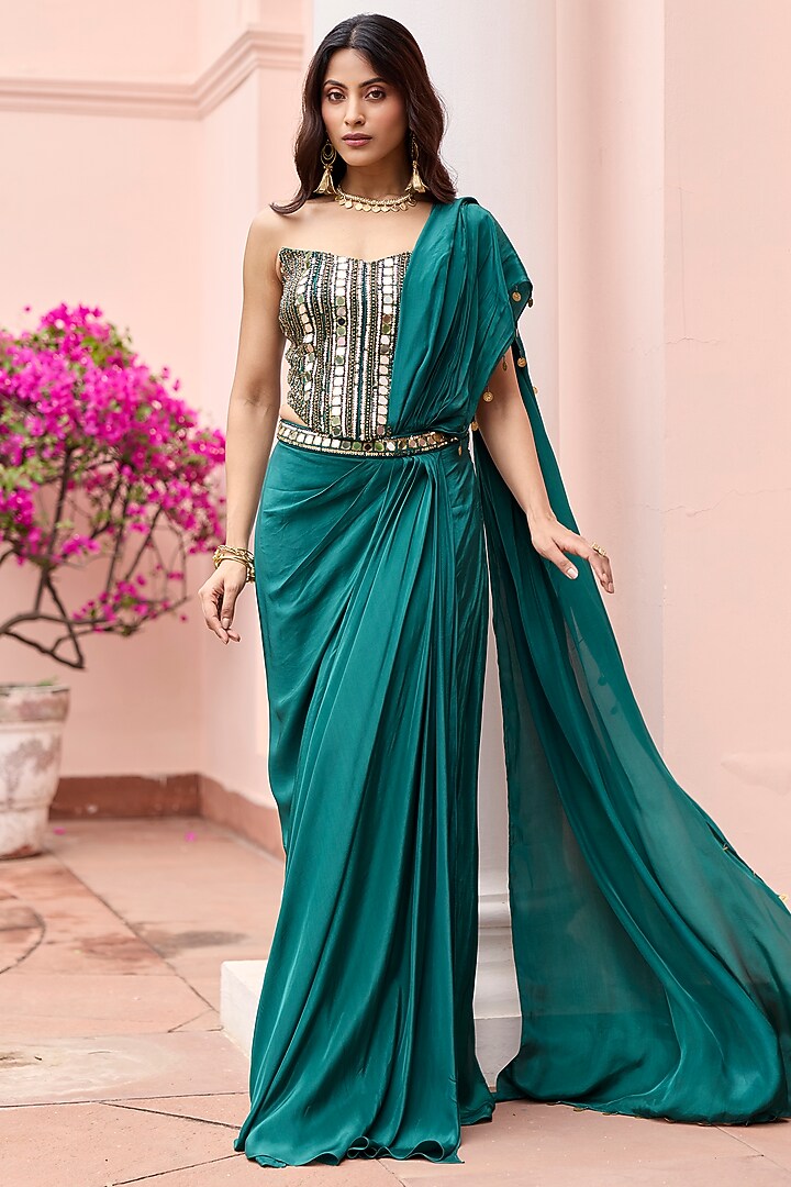 Bottle Green Crepe Draped Wedding Saree Set by DiyaRajvvir at Pernia's Pop Up Shop