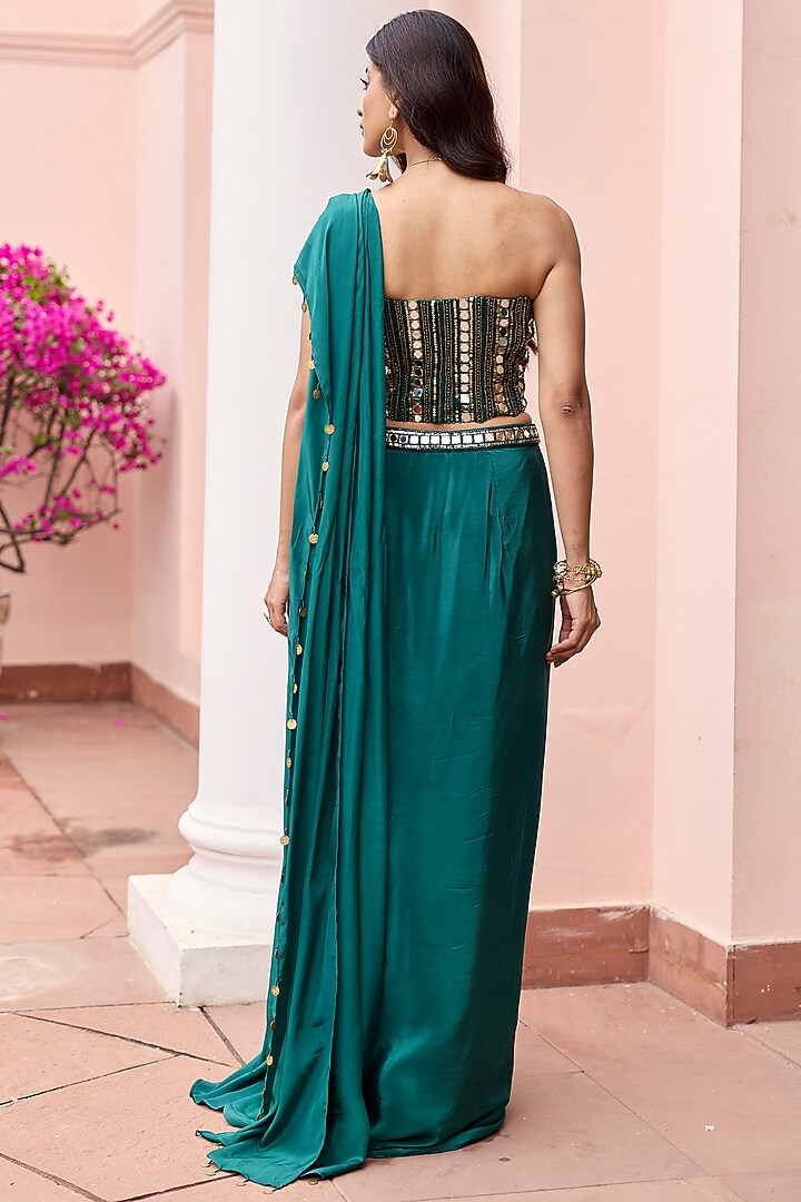 Bottle Green Crepe Draped Wedding Saree Set by DiyaRajvvir at Pernia's Pop Up Shop