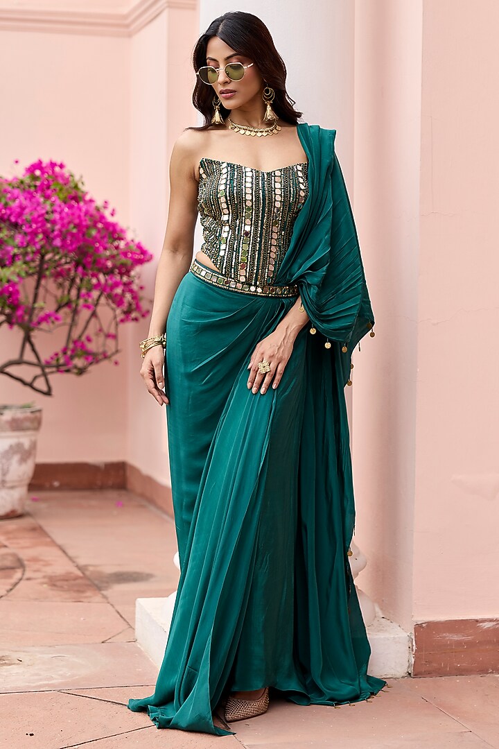 Bottle Green Crepe Draped Wedding Saree Set by DiyaRajvvir at Pernia's Pop Up Shop