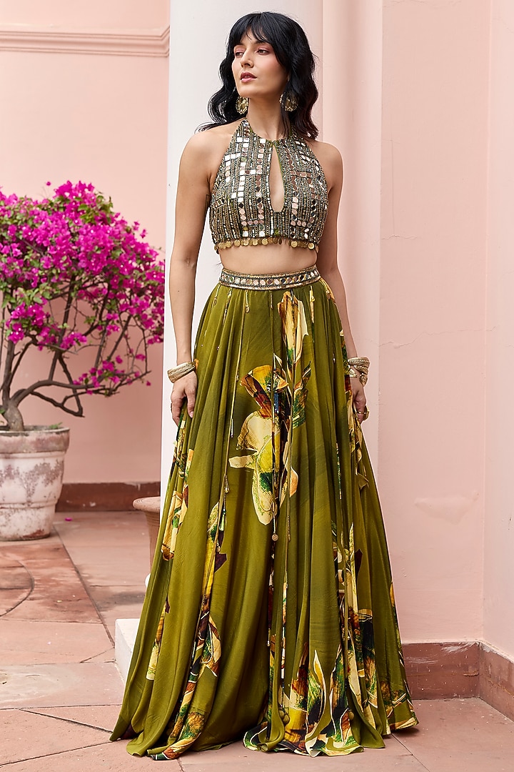 Matcha Green Crepe & Net Wedding Lehenga Set by DiyaRajvvir at Pernia's Pop Up Shop