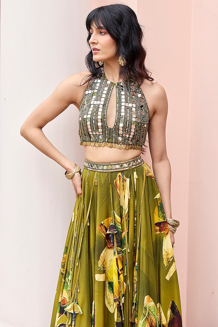 Matcha Green Crepe & Net Wedding Lehenga Set by DiyaRajvvir at Pernia's Pop Up Shop