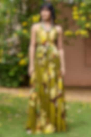 Matcha Green Crepe Floral Printed Wedding Lehenga Set by DiyaRajvvir at Pernia's Pop Up Shop