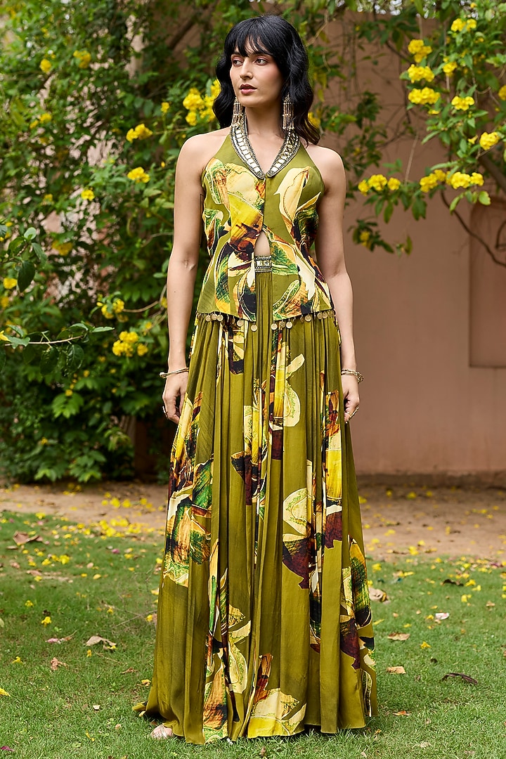 Matcha Green Crepe Floral Printed Wedding Lehenga Set by DiyaRajvvir at Pernia's Pop Up Shop