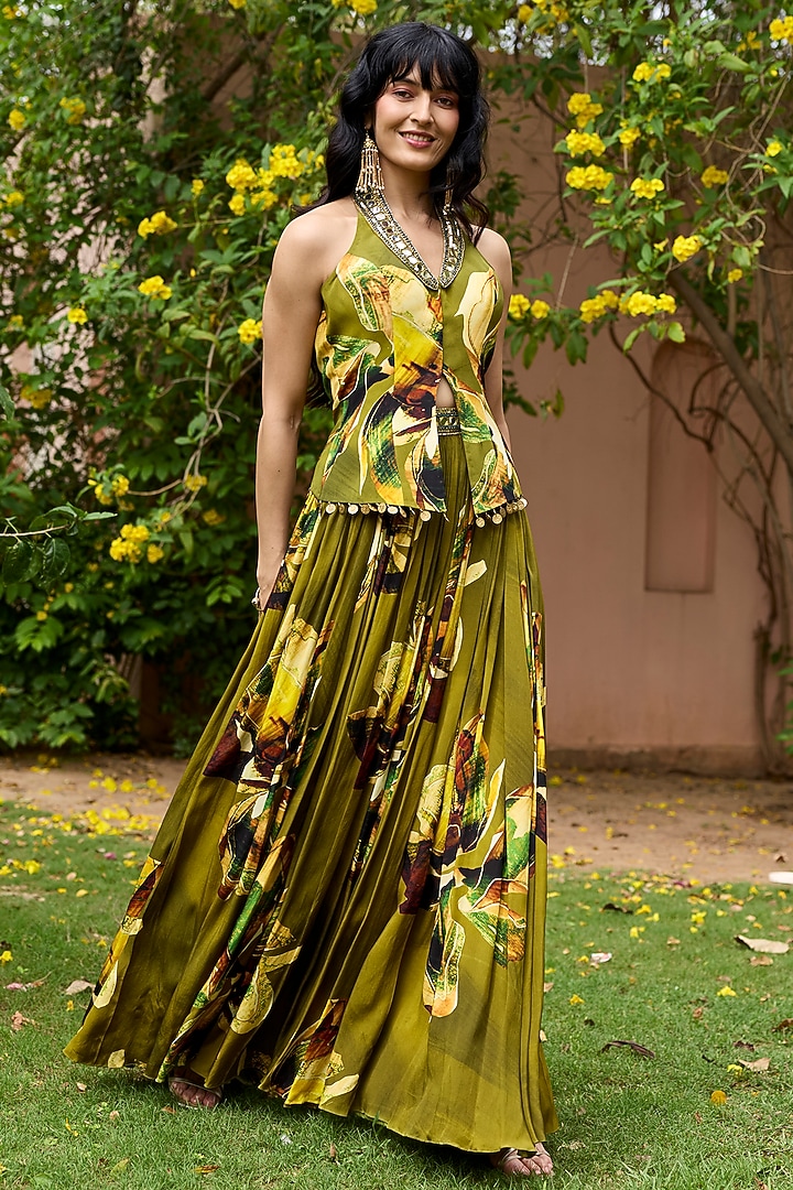 Matcha Green Crepe Floral Printed Wedding Lehenga Set by DiyaRajvvir at Pernia's Pop Up Shop