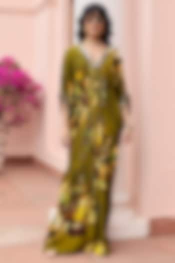 Matcha Green Crepe Floral Printed Kaftan by DiyaRajvvir at Pernia's Pop Up Shop
