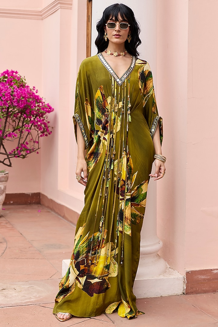 Matcha Green Crepe Floral Printed Kaftan by DiyaRajvvir at Pernia's Pop Up Shop