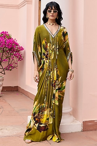 Matcha Green Crepe Floral Printed Kaftan by DiyaRajvvir