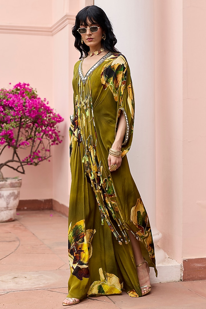 Matcha Green Crepe Floral Printed Kaftan by DiyaRajvvir at Pernia's Pop Up Shop