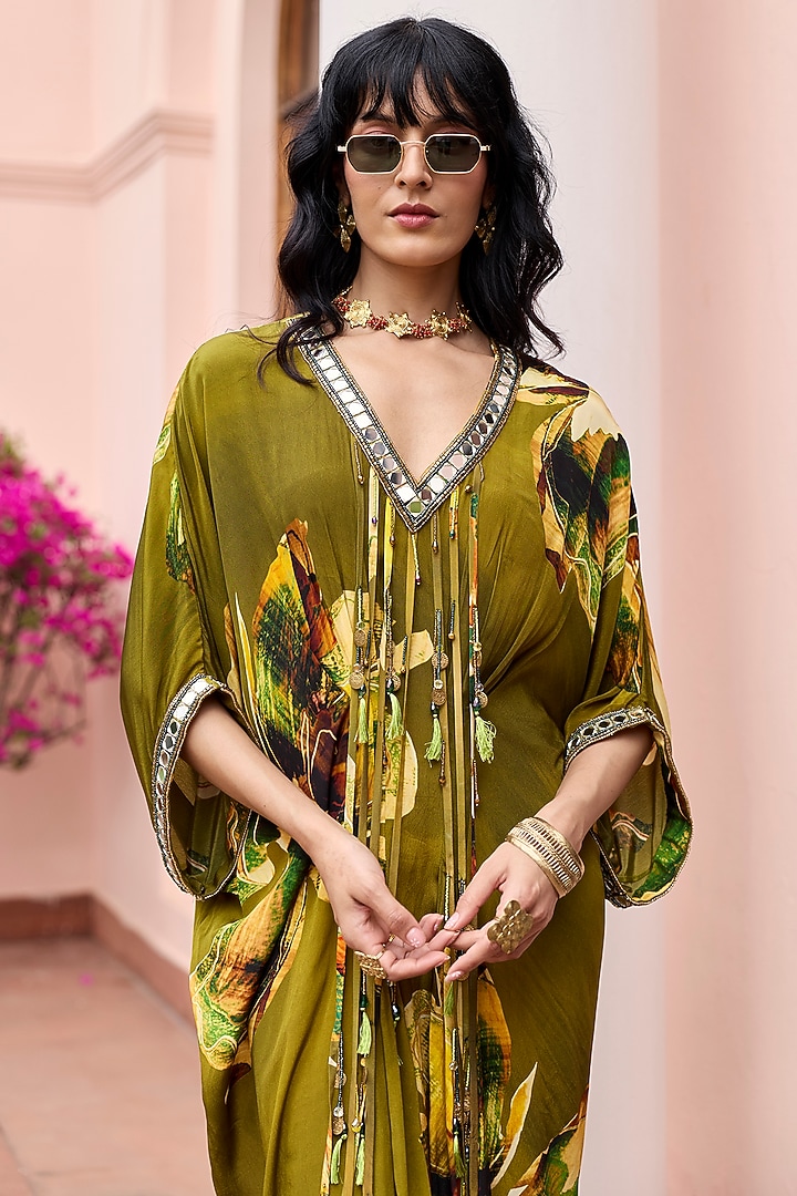 Matcha Green Crepe Floral Printed Kaftan by DiyaRajvvir at Pernia's Pop Up Shop