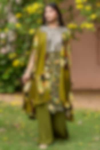 Matcha Green Crepe Floral Printed & Mirror Embroidered Kaftan Set by DiyaRajvvir at Pernia's Pop Up Shop