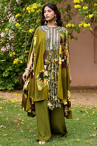 Matcha Green Crepe Floral Printed & Mirror Embroidered Kaftan Set by DiyaRajvvir