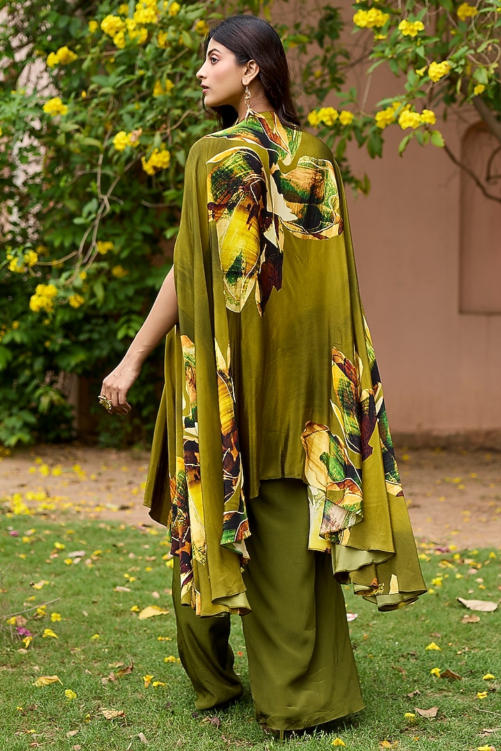 Matcha Green Crepe Floral Printed & Mirror Embroidered Kaftan Set by DiyaRajvvir at Pernia's Pop Up Shop