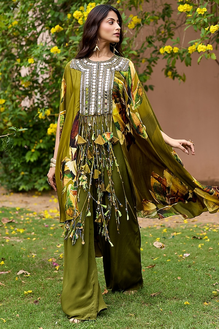 Matcha Green Crepe Floral Printed & Mirror Embroidered Kaftan Set by DiyaRajvvir at Pernia's Pop Up Shop