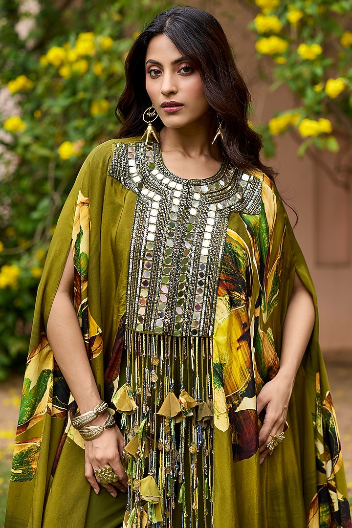 Matcha Green Crepe Floral Printed & Mirror Embroidered Kaftan Set by DiyaRajvvir at Pernia's Pop Up Shop