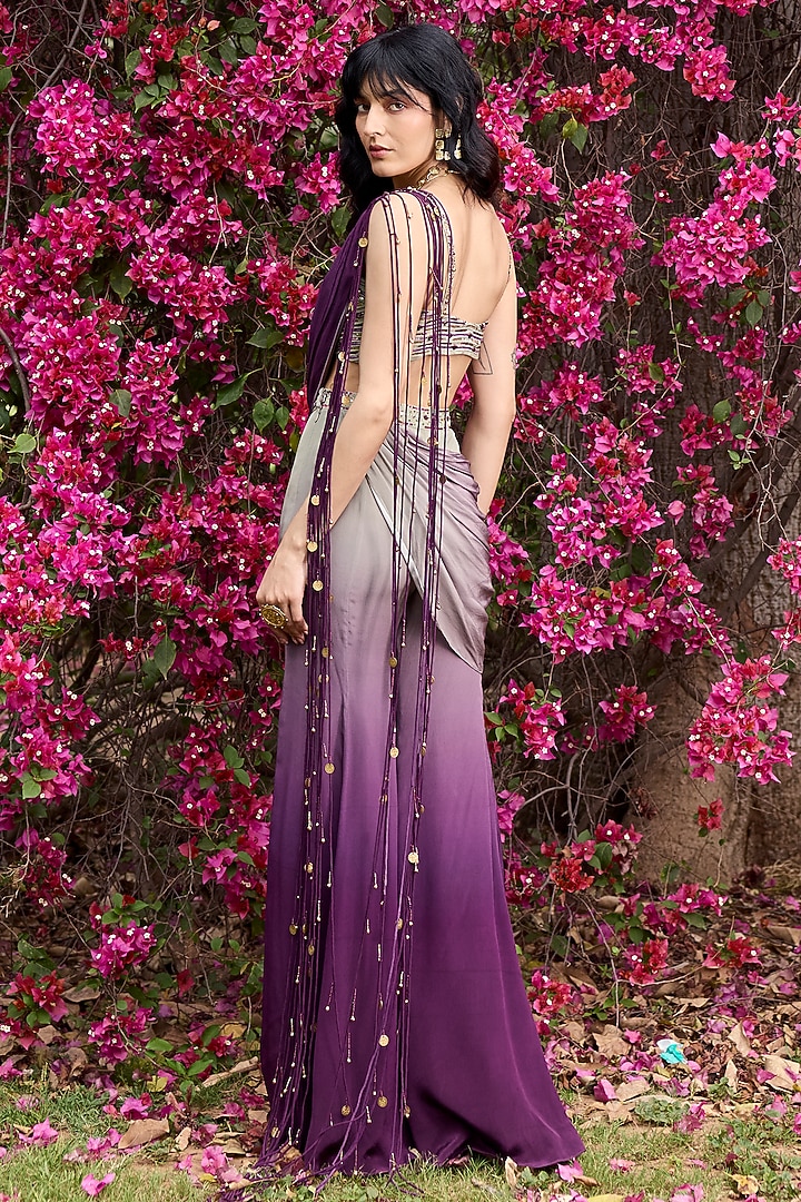 Purple & Grey Ombre Crepe Pant Wedding Saree Set by DiyaRajvvir at Pernia's Pop Up Shop