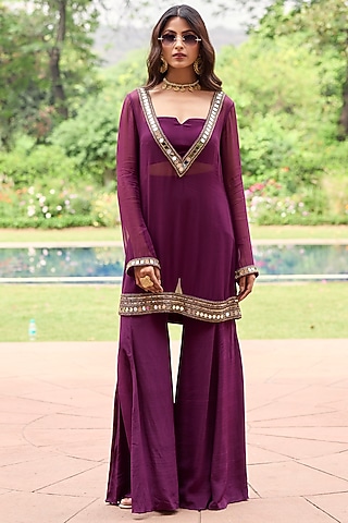 Plum Georgette Mirror Embroidered Kurta Set by DiyaRajvvir