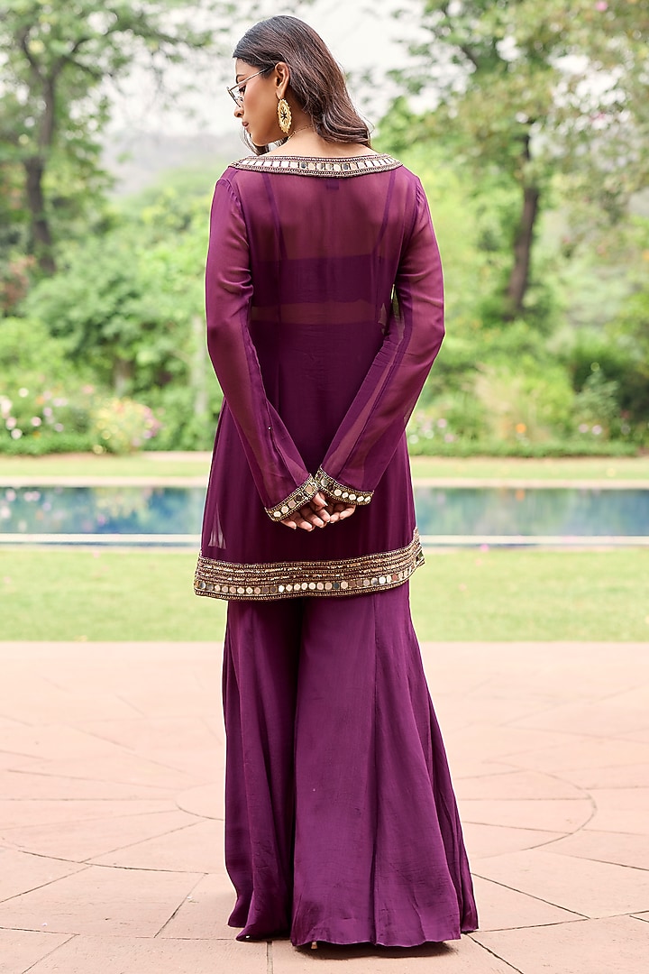 Plum Georgette Mirror Embroidered Kurta Set by DiyaRajvvir at Pernia's Pop Up Shop