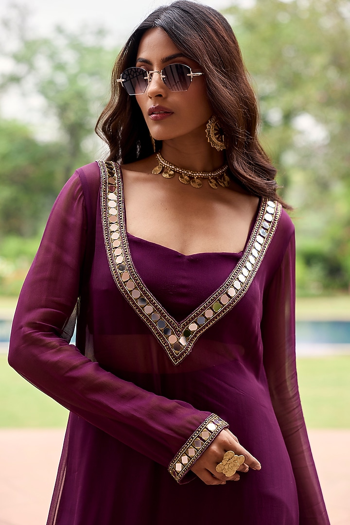 Plum Georgette Mirror Embroidered Kurta Set by DiyaRajvvir at Pernia's Pop Up Shop