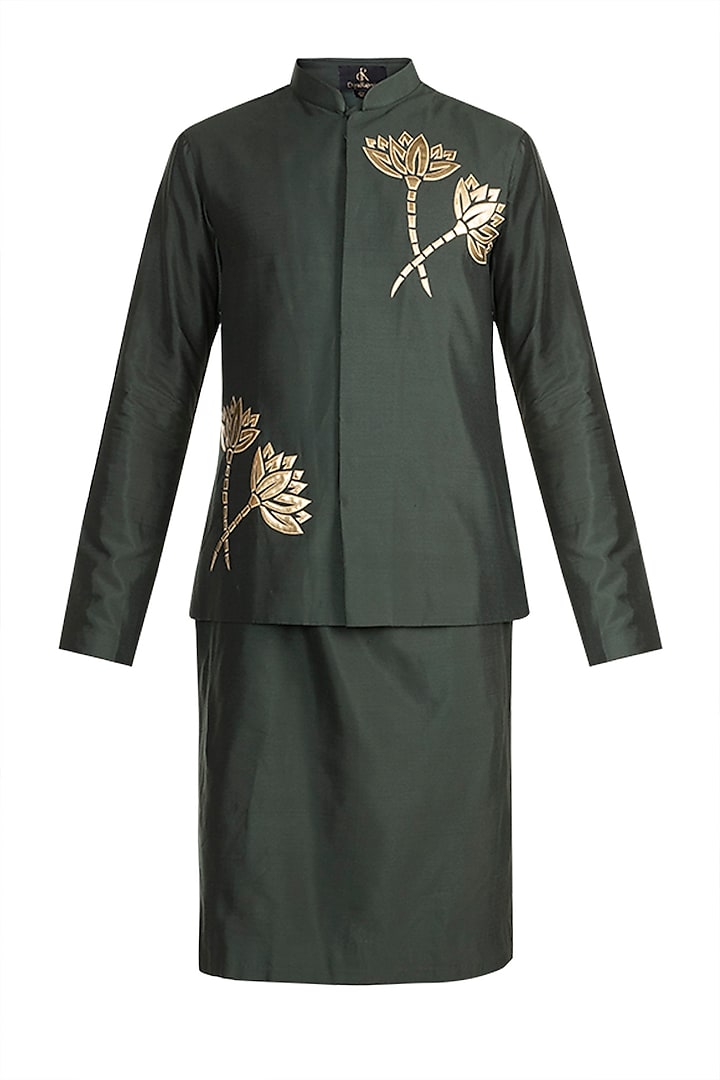 Olive Green Embroidered Bundi Jacket With Kurta by DiyaRajvvir Men