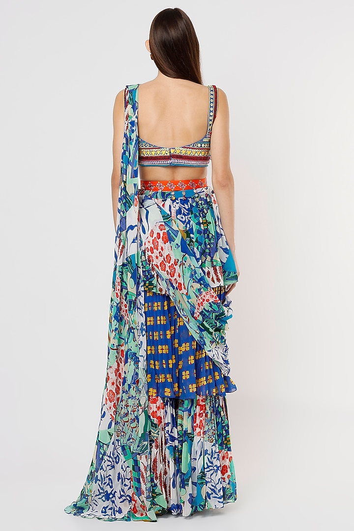 Teal Cotton Silk & Georgette Aztec Printed Layered Pant Wedding Saree Set by DiyaRajvvir at Pernia's Pop Up Shop