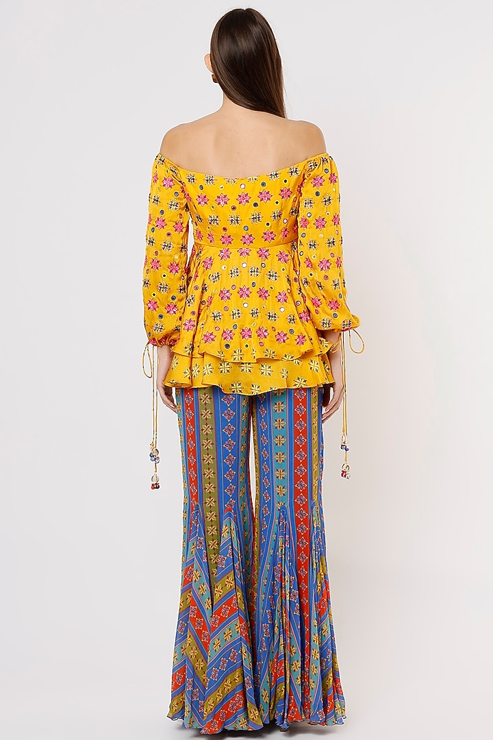 Blue Printed Wedding Sharara Set With Potli Bag by DiyaRajvvir at Pernia's Pop Up Shop