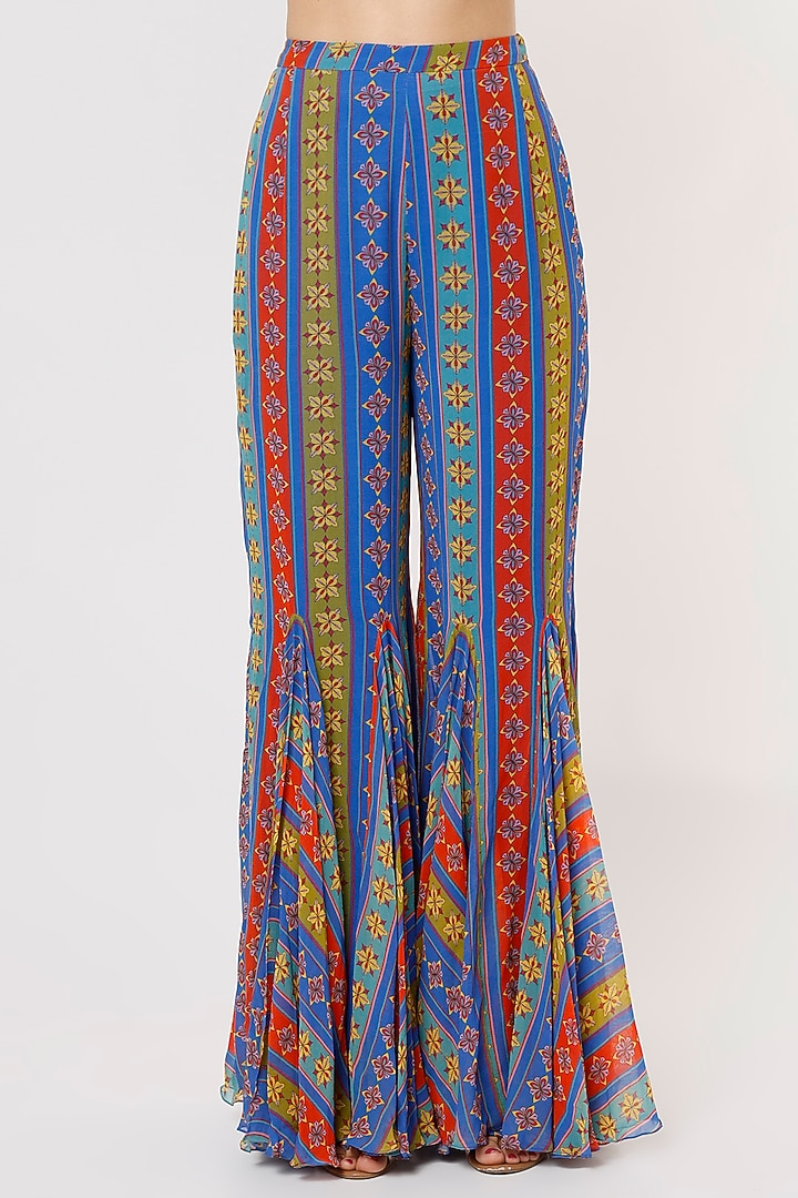 Blue Printed Wedding Sharara Set With Potli Bag by DiyaRajvvir at Pernia's Pop Up Shop
