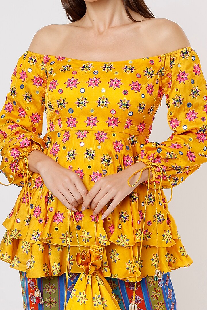 Blue Printed Wedding Sharara Set With Potli Bag by DiyaRajvvir at Pernia's Pop Up Shop