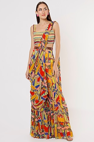 Multi-Colored Georgette Printed Gharara Saree Set by DiyaRajvvir