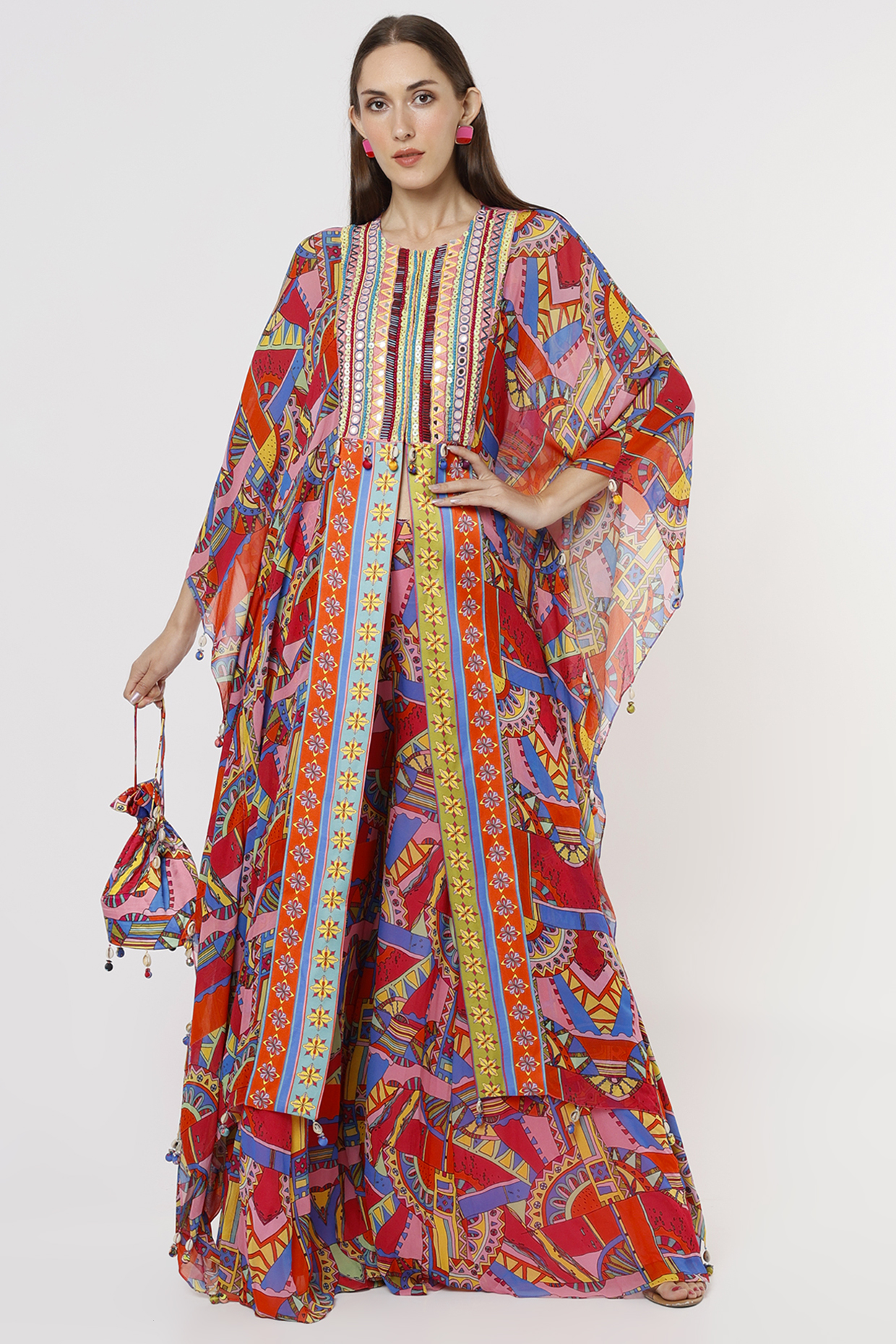 Red Printed Kaftan Set With Potli Bag by DiyaRajvvir at Pernia's Pop Up Shop