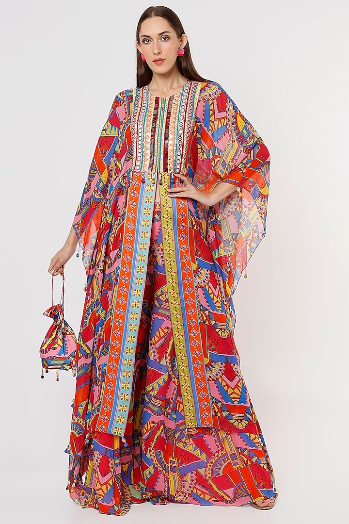 Red Printed Kaftan Set With Potli Bag by DiyaRajvvir