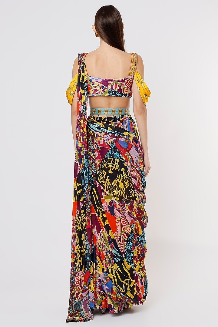 Black & Blue Printed Skirt Wedding Saree Set by DiyaRajvvir at Pernia's Pop Up Shop