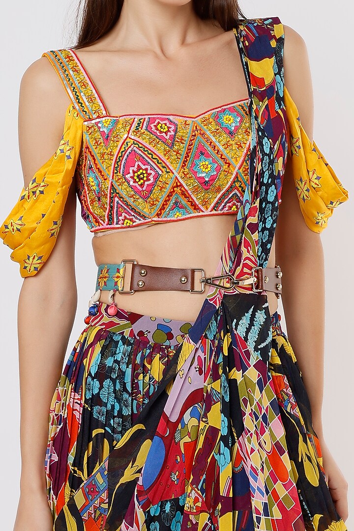 Black & Blue Printed Skirt Wedding Saree Set by DiyaRajvvir at Pernia's Pop Up Shop