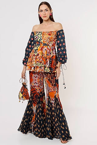 Brown & Rust Printed Pant Set With Potli Bag by DiyaRajvvir