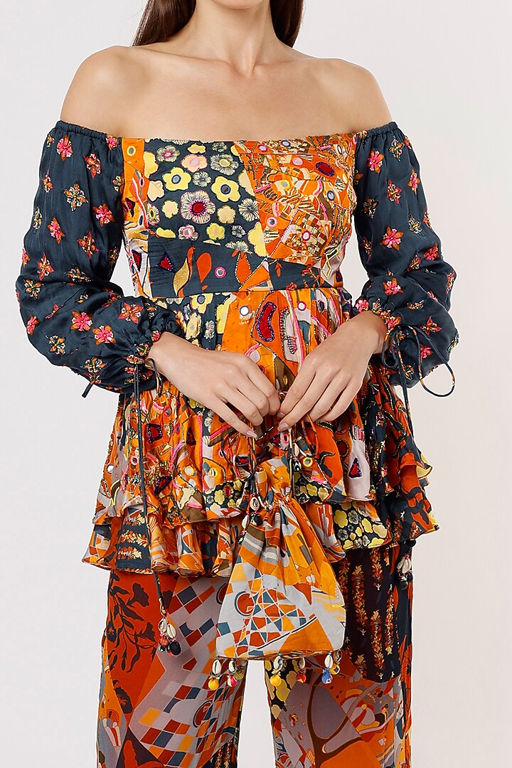 Brown & Rust Printed Pant Set With Potli Bag by DiyaRajvvir at Pernia's Pop Up Shop