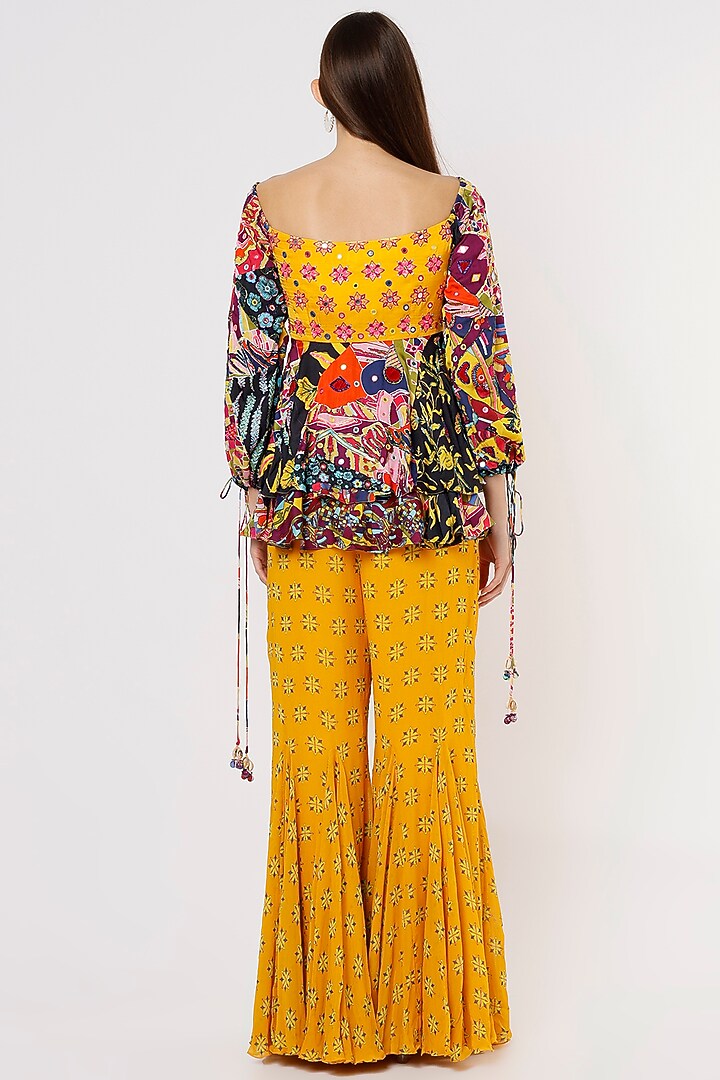 Yellow Printed Wedding Sharara Set With Potli Bag by DiyaRajvvir at Pernia's Pop Up Shop
