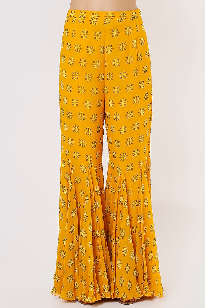 Yellow Printed Wedding Sharara Set With Potli Bag by DiyaRajvvir at Pernia's Pop Up Shop