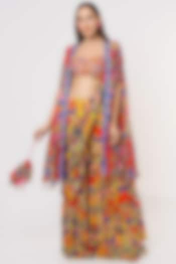 Multi-Colored Cotton Silk & Georgette Geometric Printed Tiered Gharara Saree Set by DiyaRajvvir
