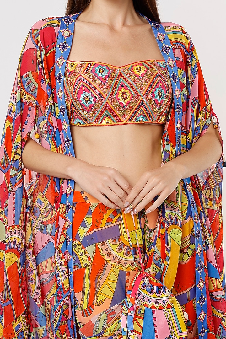 Multi-Colored Cotton Silk & Georgette Geometric Printed Tiered Gharara Wedding Saree Set by DiyaRajvvir at Pernia's Pop Up Shop