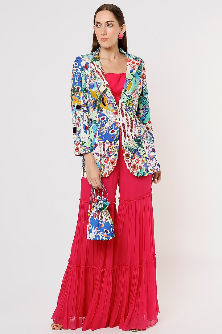White & Blue Printed Blazer Set by DiyaRajvvir at Pernia's Pop Up Shop
