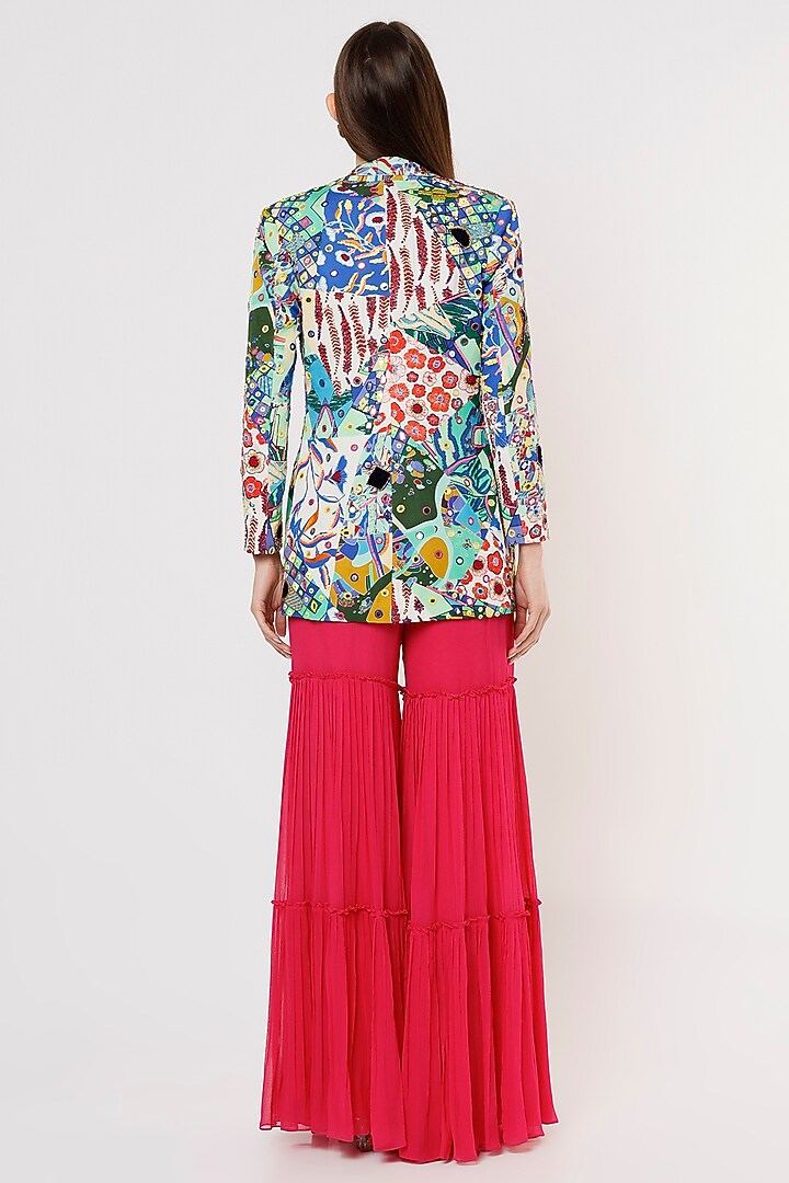 White & Blue Printed Blazer Set by DiyaRajvvir at Pernia's Pop Up Shop