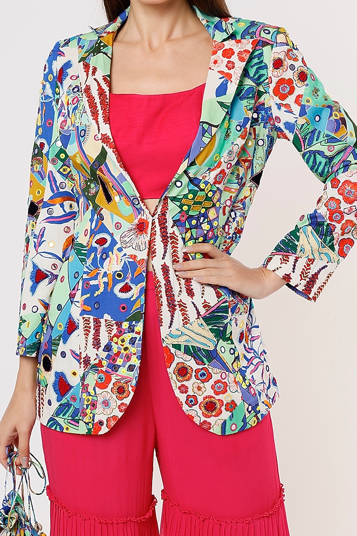 White & Blue Printed Blazer Set by DiyaRajvvir at Pernia's Pop Up Shop