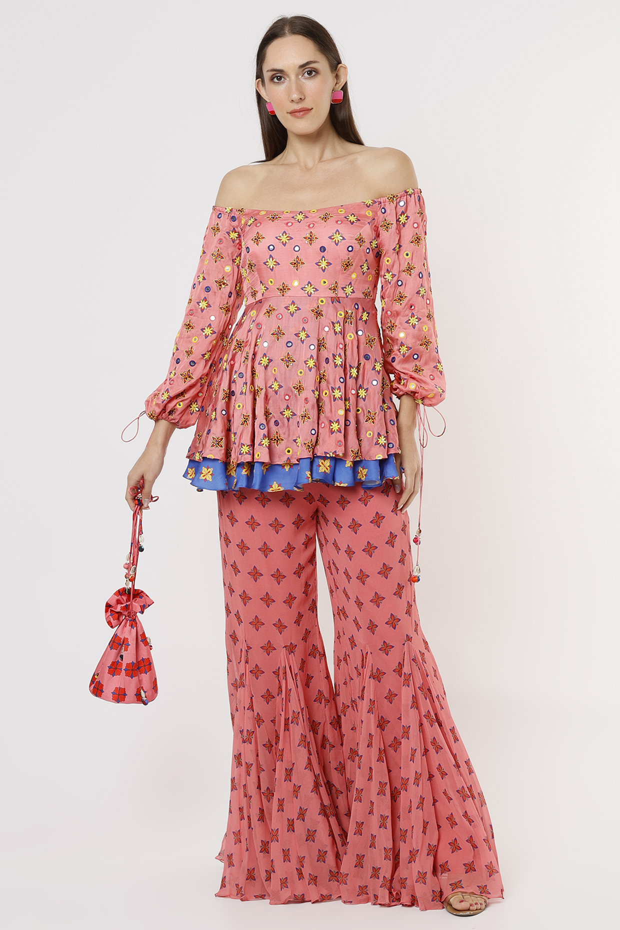 Pink Printed Pant Set With Potli Bag by DiyaRajvvir at Pernia's Pop Up Shop