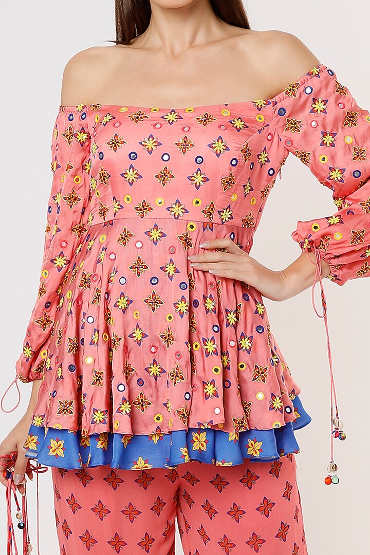 Pink Printed Pant Set With Potli Bag by DiyaRajvvir at Pernia's Pop Up Shop