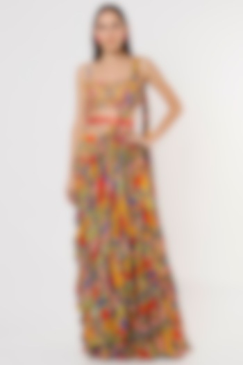 Multi-Colored Cotton Silk & Georgette Geometric Printed Tiered Skirt Saree Set by DiyaRajvvir