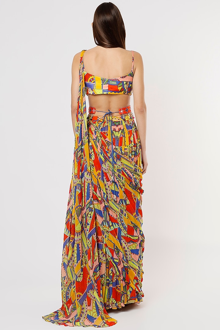 Multi-Colored Cotton Silk & Georgette Geometric Printed Tiered Skirt Wedding Saree Set by DiyaRajvvir at Pernia's Pop Up Shop